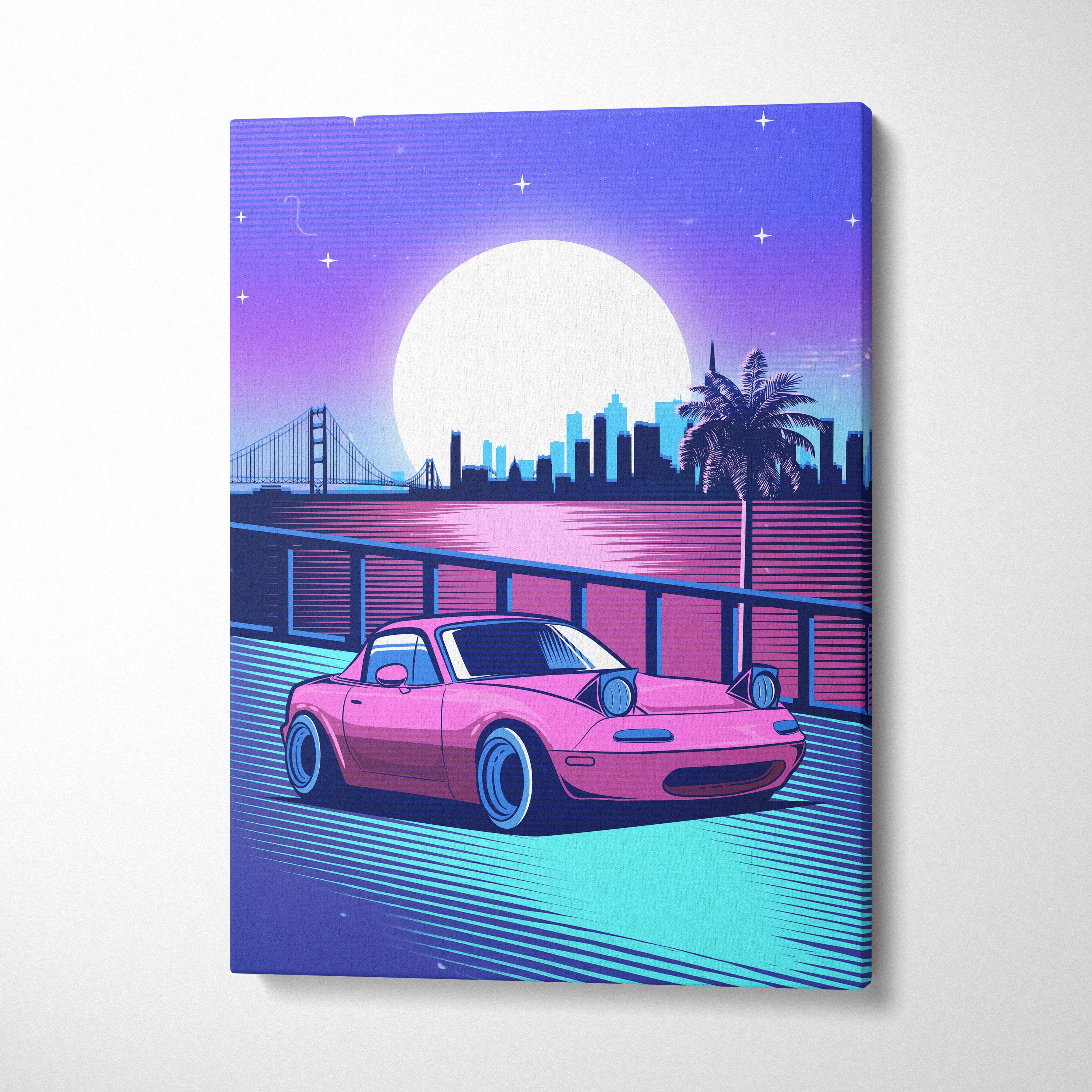Vaporwave pink miata canvas art print featuring a pink retro sports car on a neon synthwave cityscape wall decor