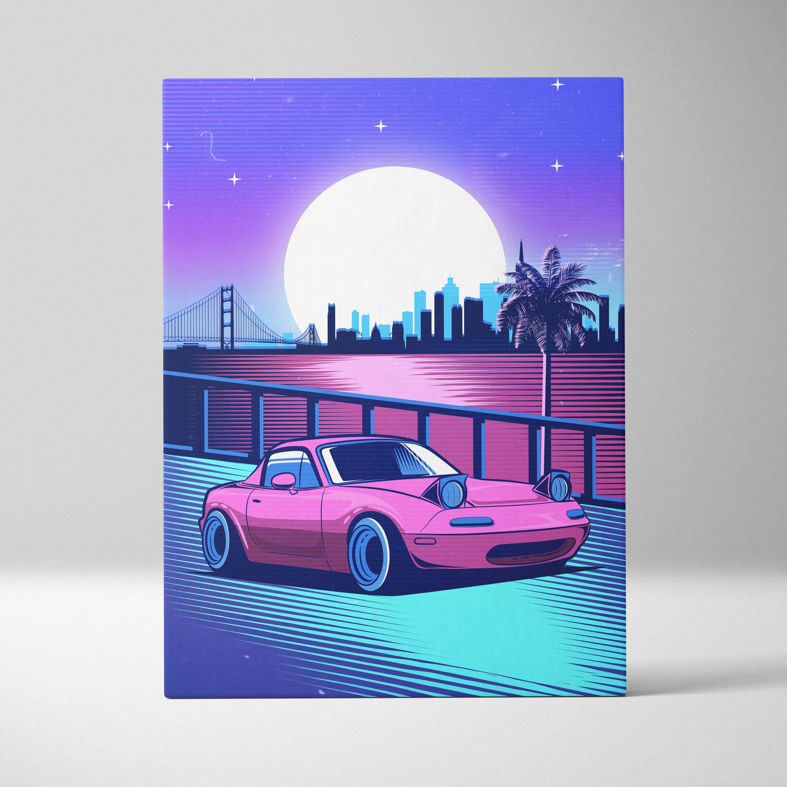 Vaporwave pink miata canvas art print featuring a retro pink sports car in a neon cyberpunk cityscape with a full moon