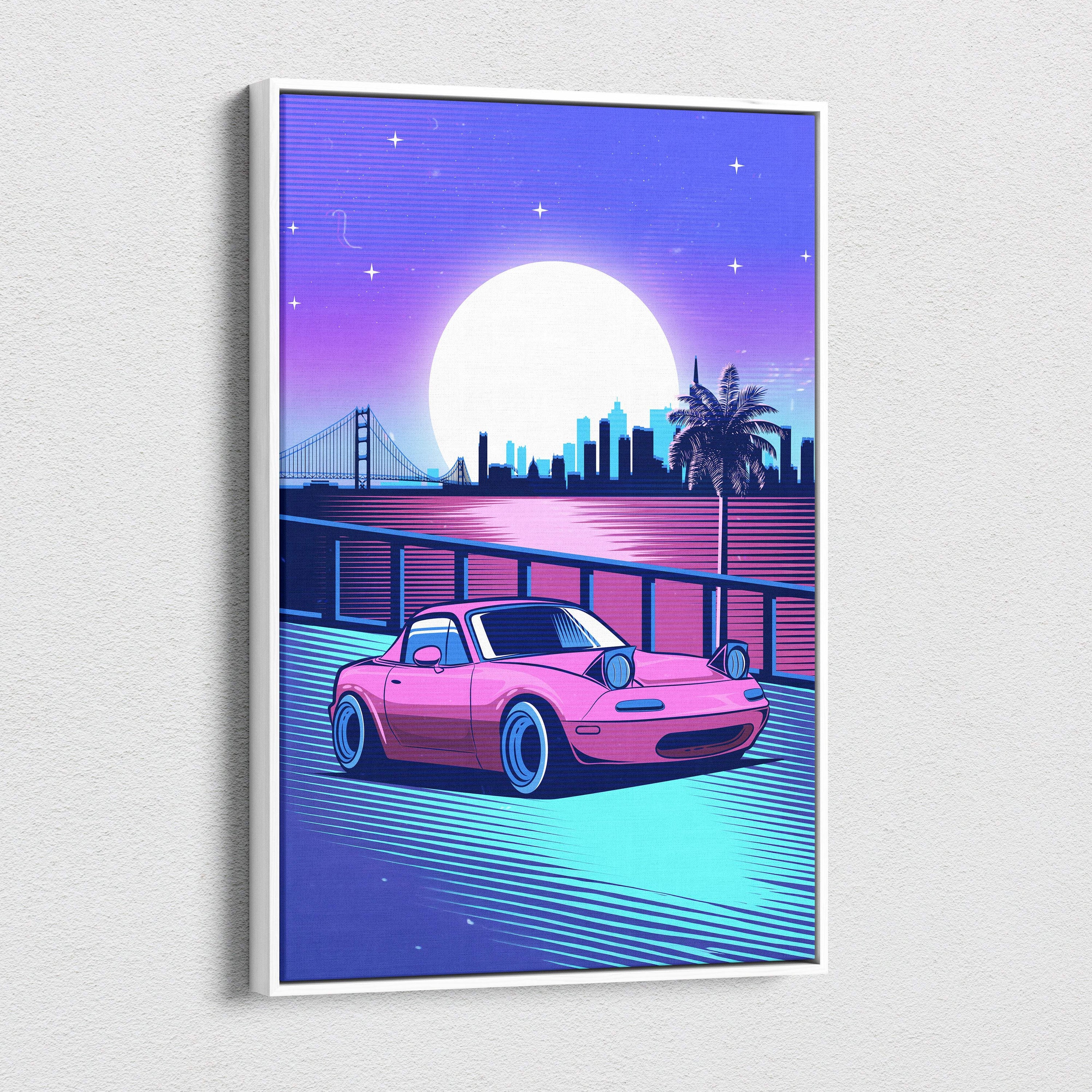 Vaporwave pink miata canvas art print featuring a vibrant pink sports car with blue rims under a purple moonlit skyline