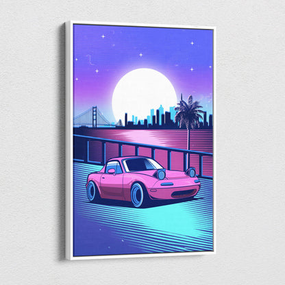 Vaporwave pink miata canvas art print featuring a vibrant pink sports car with blue rims under a purple moonlit skyline