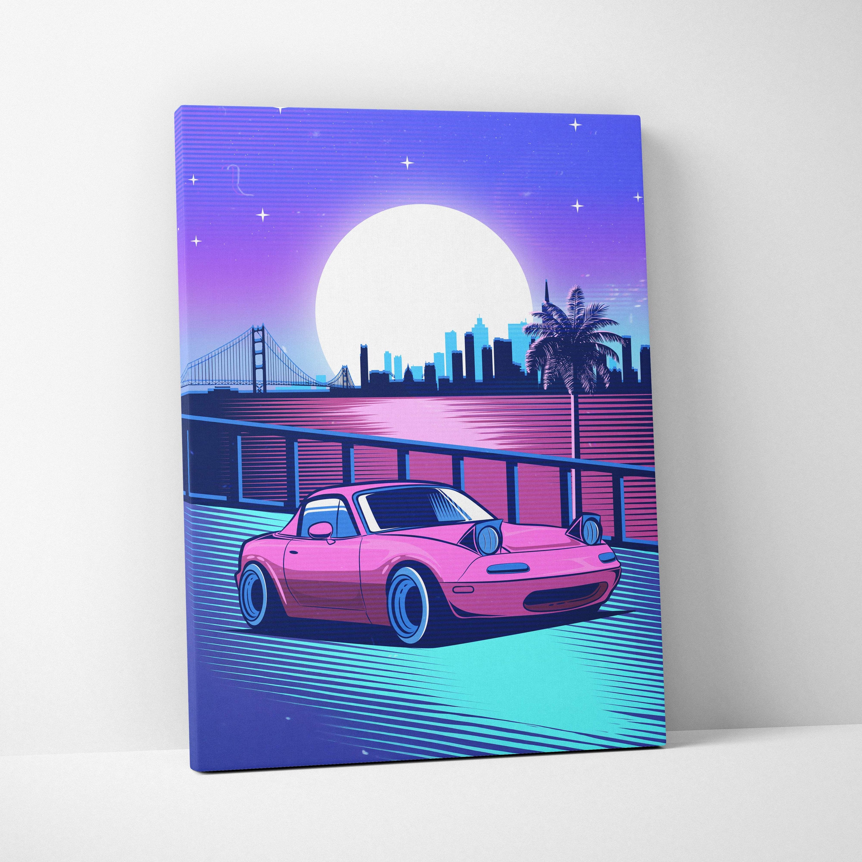 Vaporwave pink miata canvas art print featuring a vibrant pink sports car with blue rims in a retro-futuristic cityscape