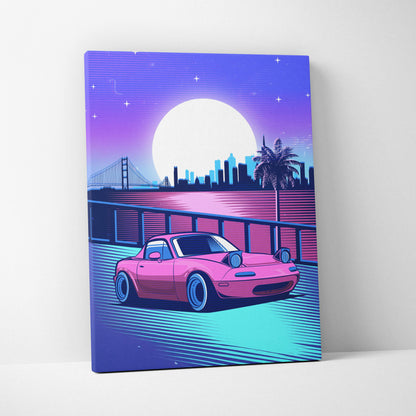 Vaporwave pink miata canvas art print featuring a vibrant pink sports car with blue rims in a retro-futuristic cityscape