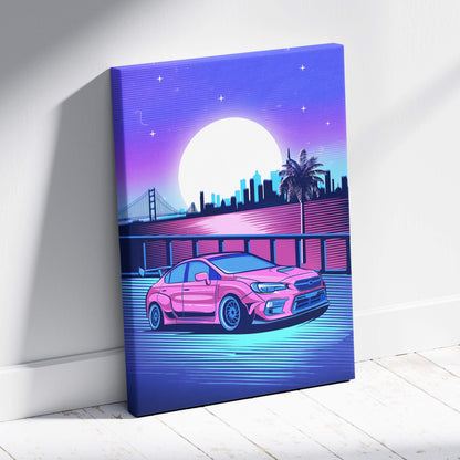 Vaporwave pink jdm rally car wrx sti canvas art print featuring a vibrant pink sports car with neon blue and purple cityscape background