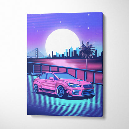 Vaporwave pink subaru wrx sti rally car canvas art print featuring neon-lit cityscape with moon and palm trees