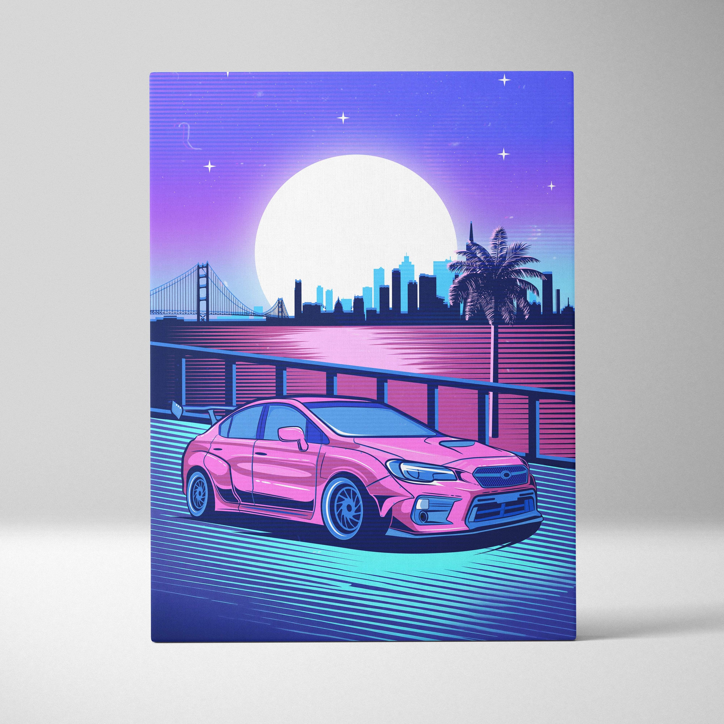 Vaporwave pink JDM rally car WRX STI canvas art print featuring a neon pink Subaru sedan with a cyberpunk cityscape background