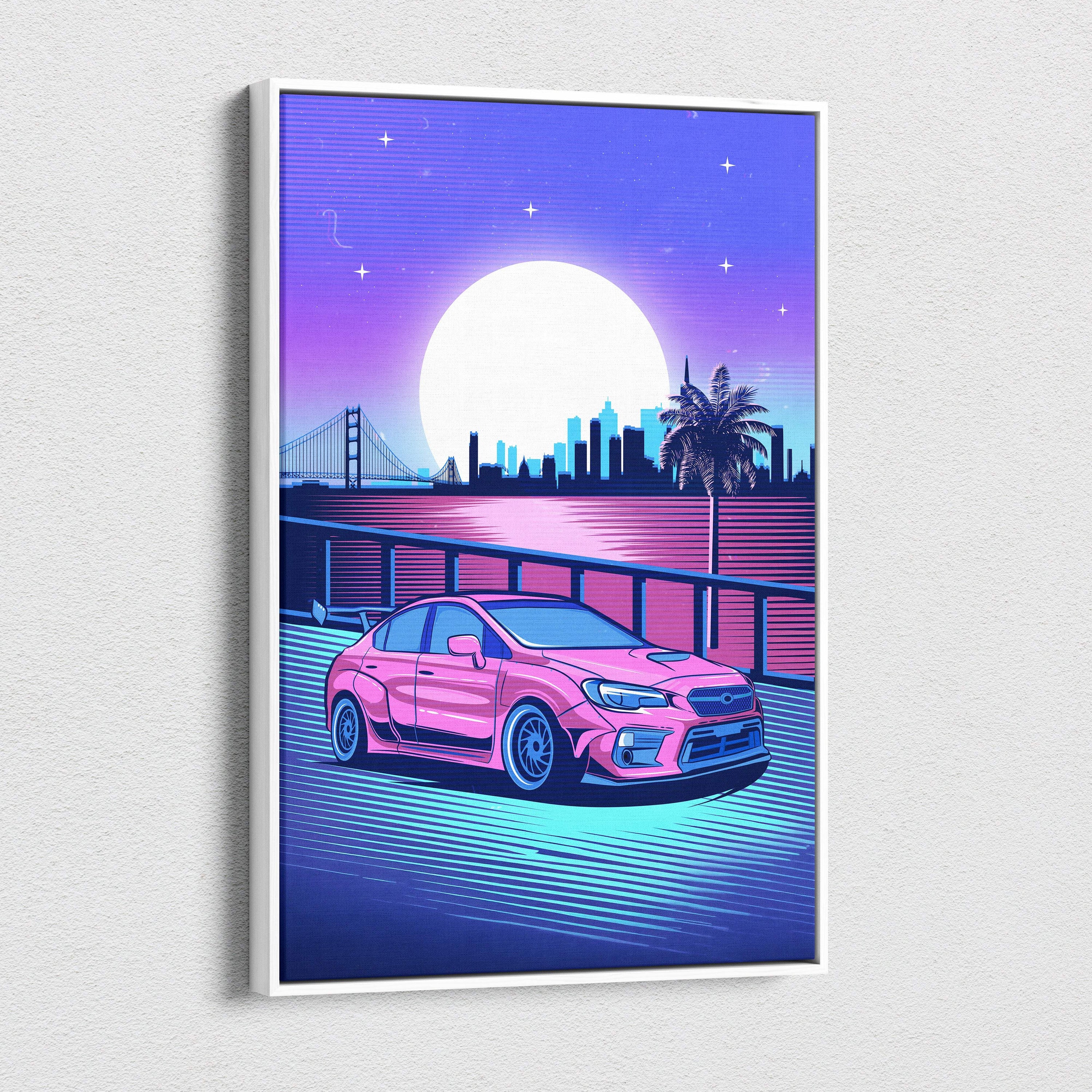 Vaporwave pink subaru wrx sti canvas art print featuring a neon cyberpunk city skyline bridge and moon nightscape