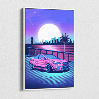 Vaporwave pink subaru wrx sti canvas art print featuring a neon cyberpunk city skyline bridge and moon nightscape