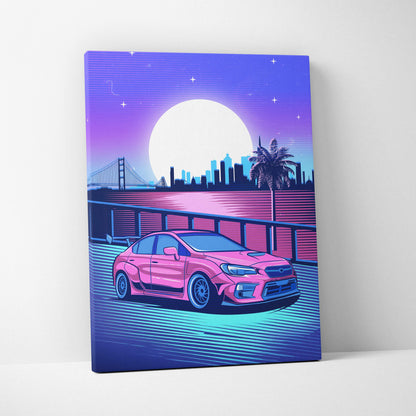Vibrant pink jdm rally car wrx sti canvas art print with neon city skyline and large moon vaporwave wall decor