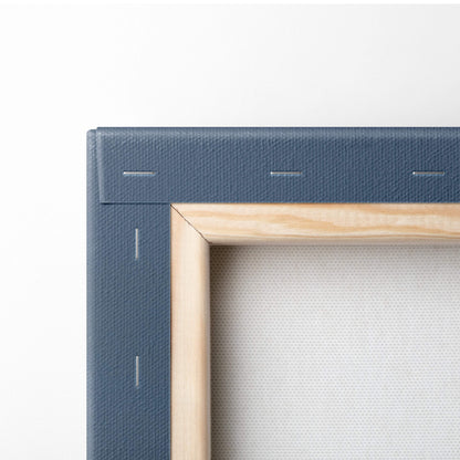 A navy blue textured canvas frame with a light wood border for contemporary light bulb flower wall art decor
