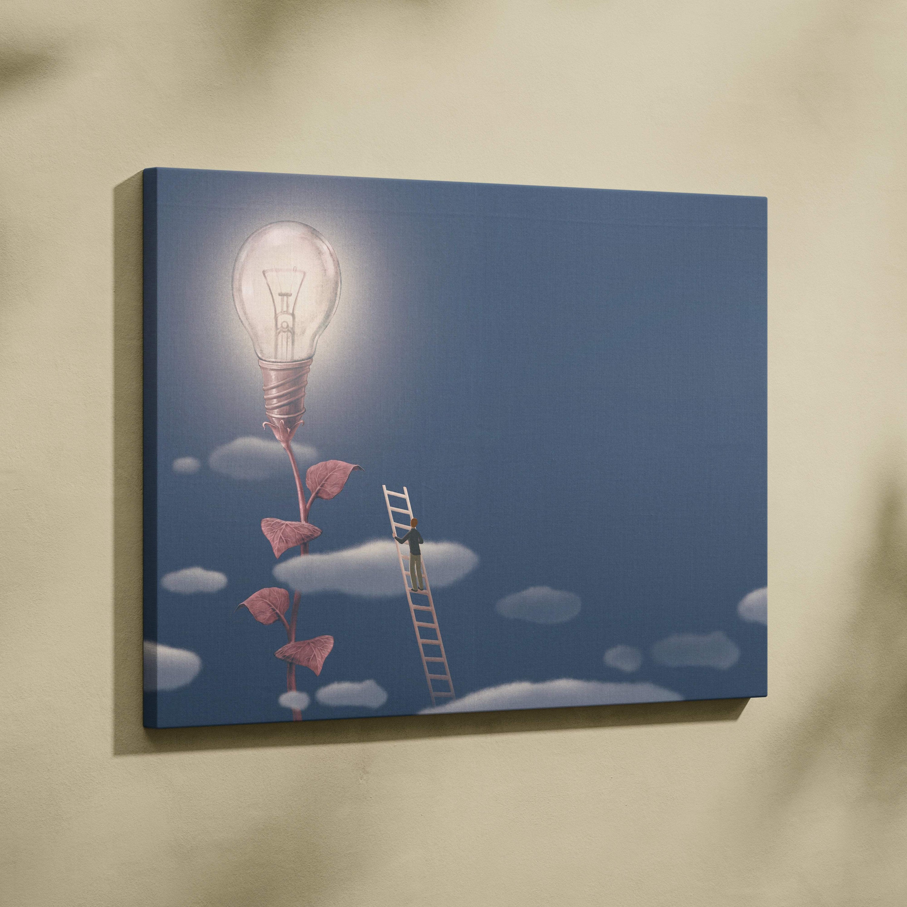 Contemporary canvas wall art featuring a glowing light bulb growing from pink leaves and a man climbing a ladder against a blue sky