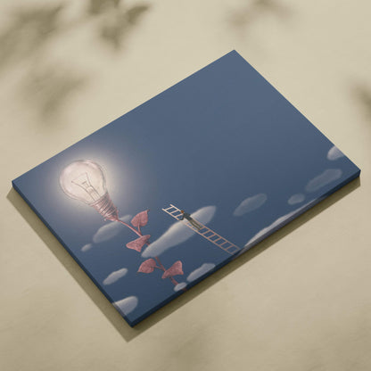 Blue canvas print featuring glowing light bulb above pink leaves with ladder in surreal modern office wall art