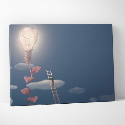 Canvas print of glowing light bulb growing from pink leaves with man on ladder against blue sky for modern office decor