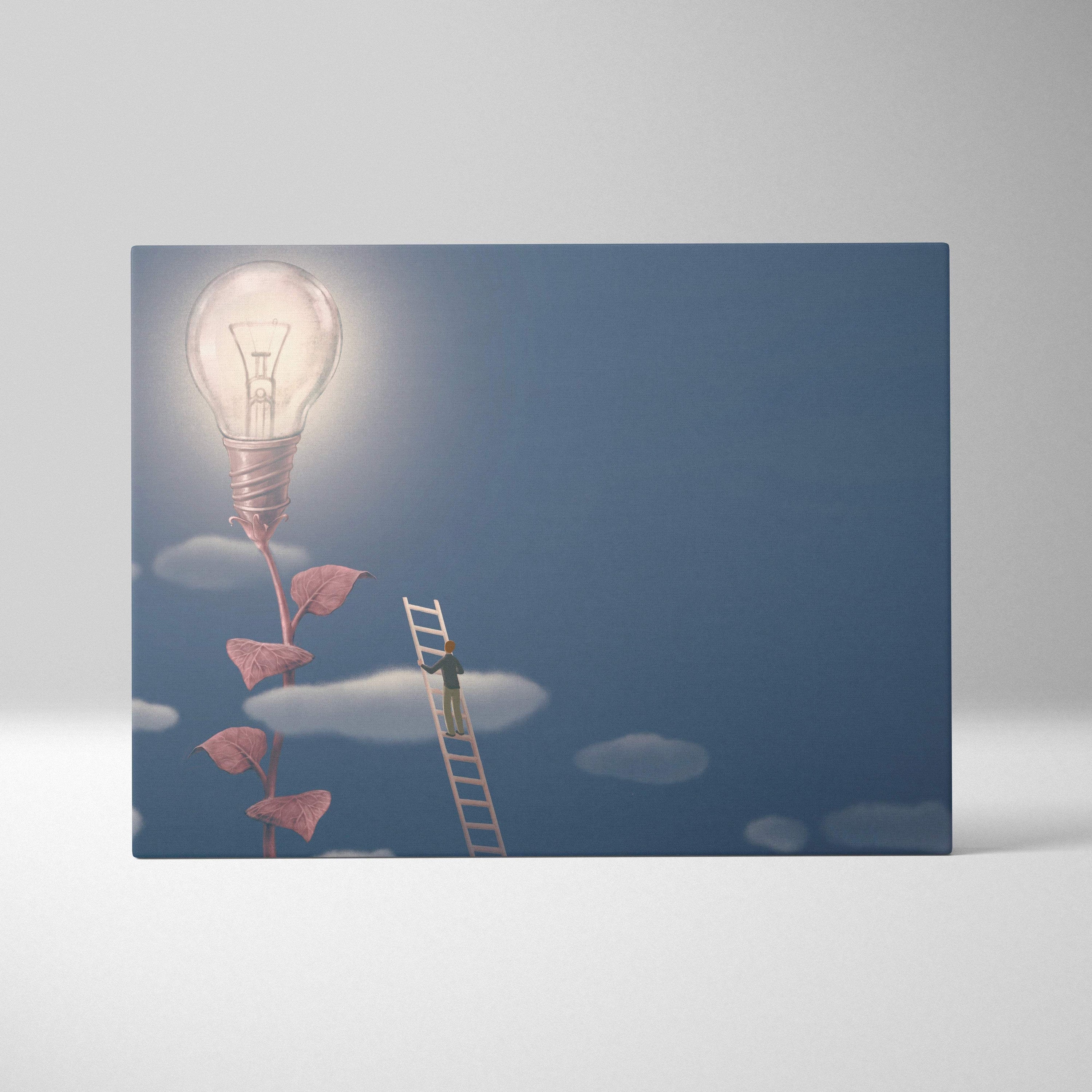 A rectangular canvas print featuring a glowing light bulb on a pink leafy stem with a man climbing a ladder against a blue sky