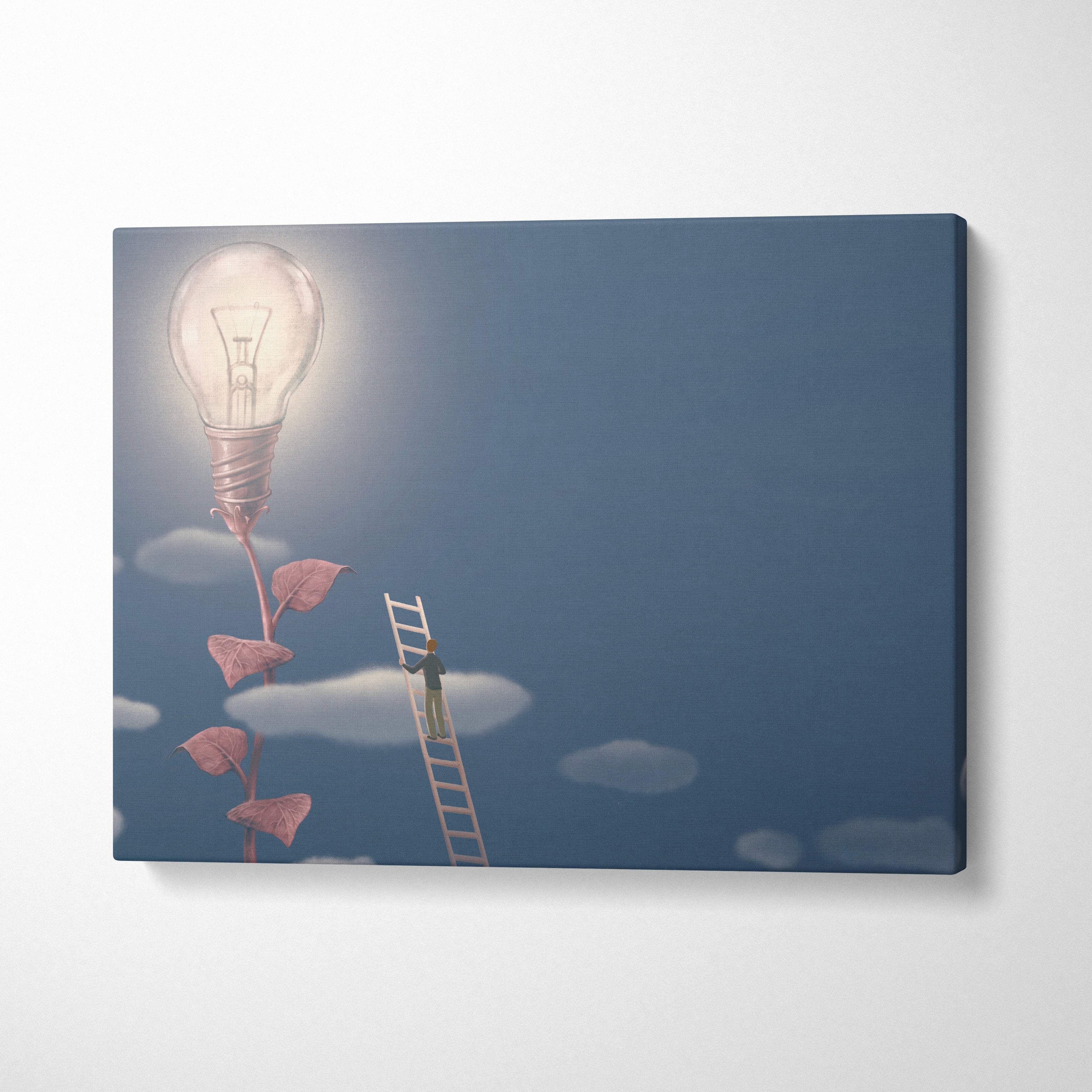 Contemporary canvas print of a glowing light bulb on a pink vine against a blue sky for modern office decor