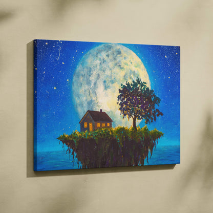 A vibrant blue canvas painting of a cozy house with warm yellow lights on a floating island under a full moon