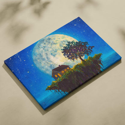 A vibrant blue canvas painting of a cozy cottage on a cliff under a luminous full moon fantasy wall art print