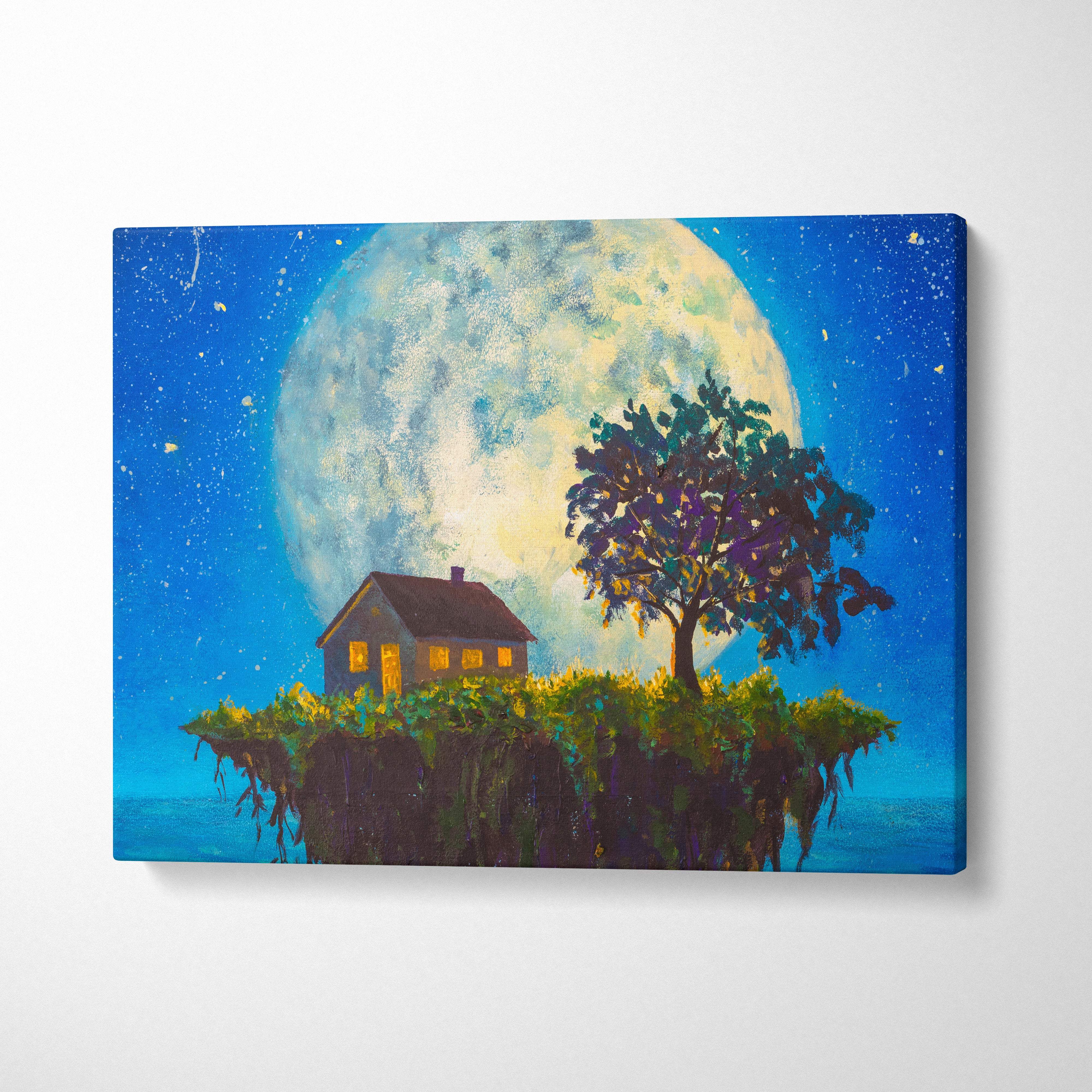 Dreamy floating island moonlight painting style wall art featuring a cozy yellow-lit cottage under a large full moon on a cliffside