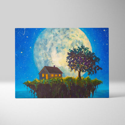 Rectangular canvas wall art of a cozy cottage with warm yellow lights under a giant full moon on a cliffside at night