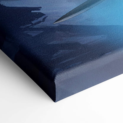A navy blue canvas featuring textured gradient paint strokes depicting a ghostly pirate silhouette with eldritch tentacles under a full moon
