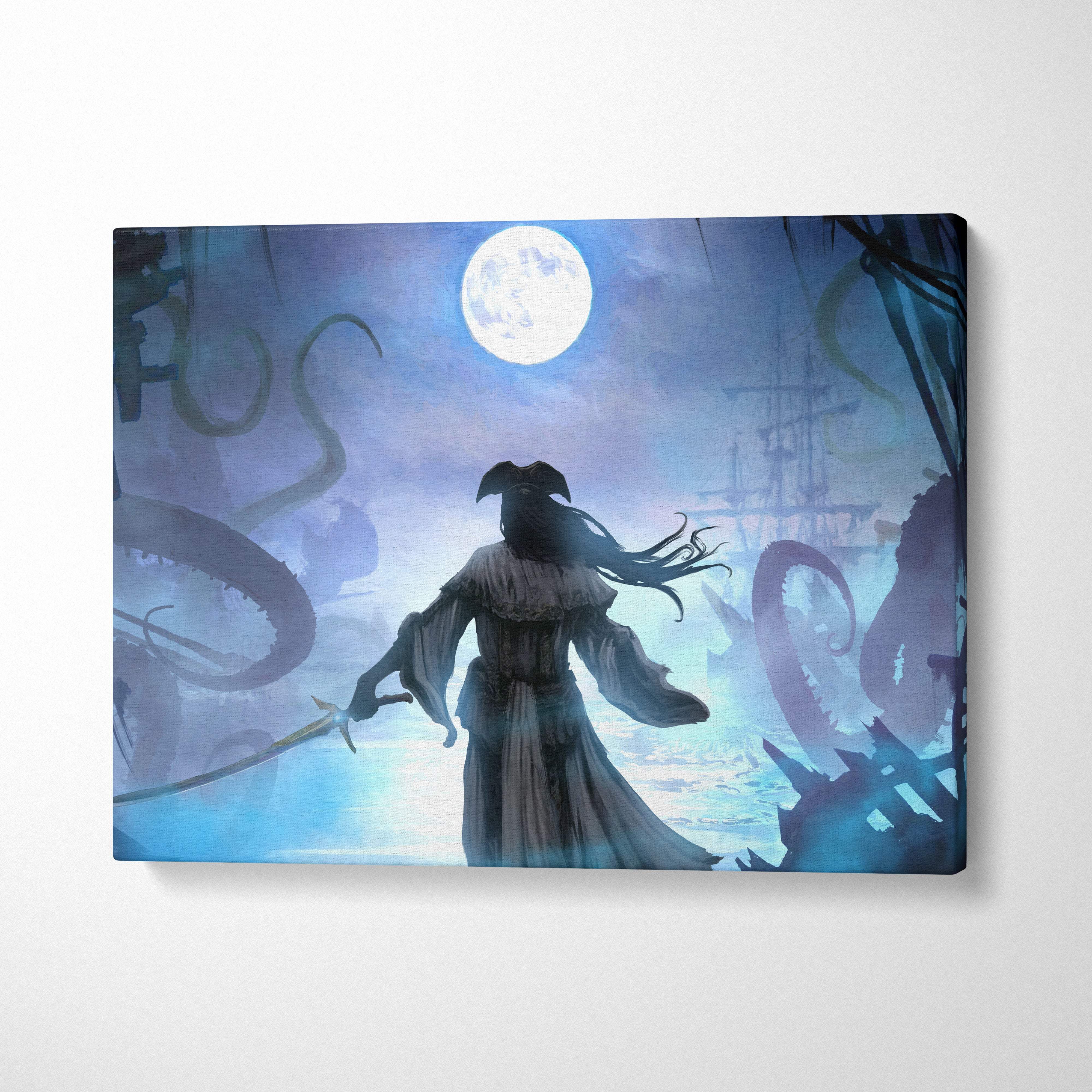 Blue-toned canvas print of a ghostly pirate silhouette facing eldritch tentacles near haunted shipwrecks under a full moon