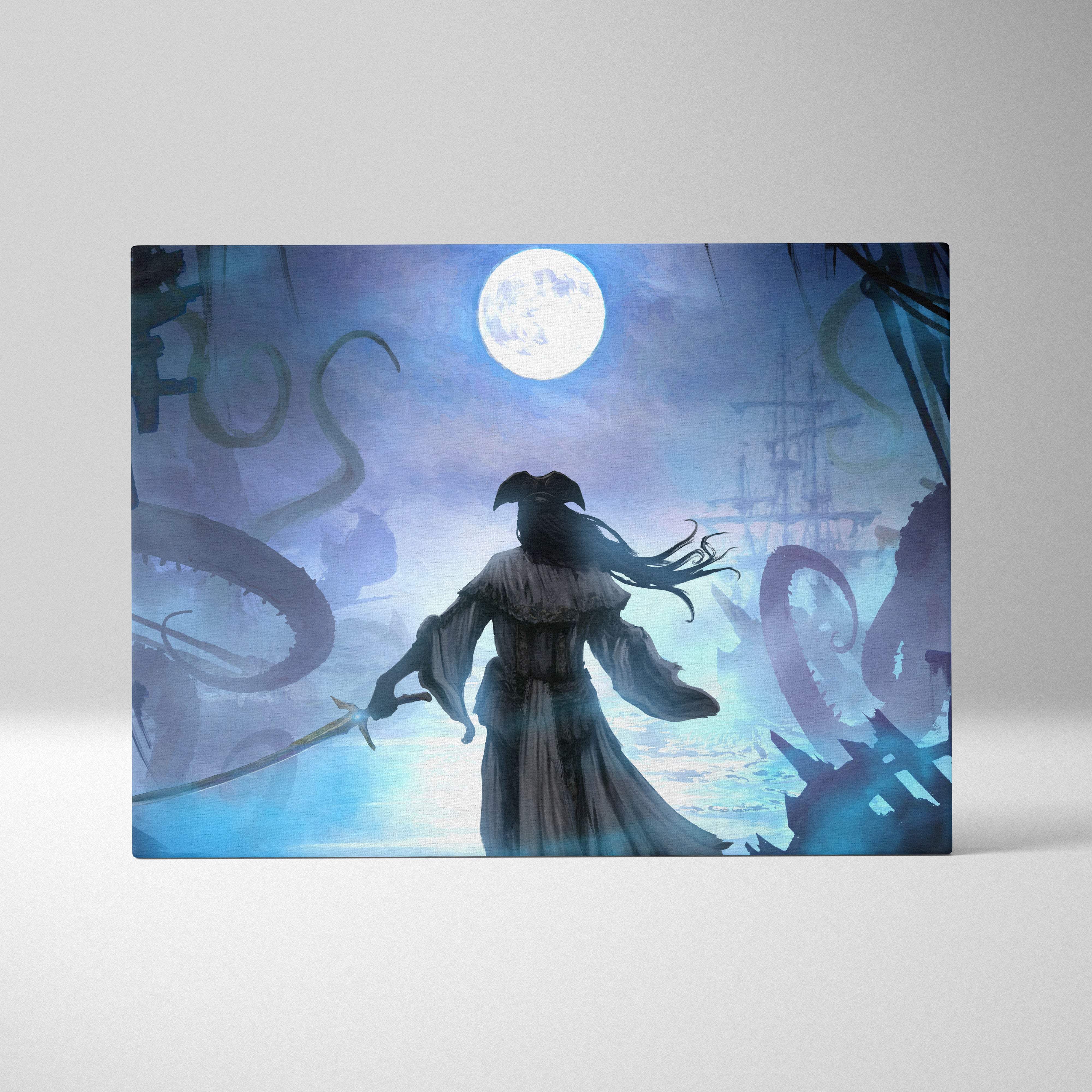 Blue-toned fantasy canvas featuring a ghostly pirate silhouette facing eldritch tentacles and haunted shipwreck under a full moon