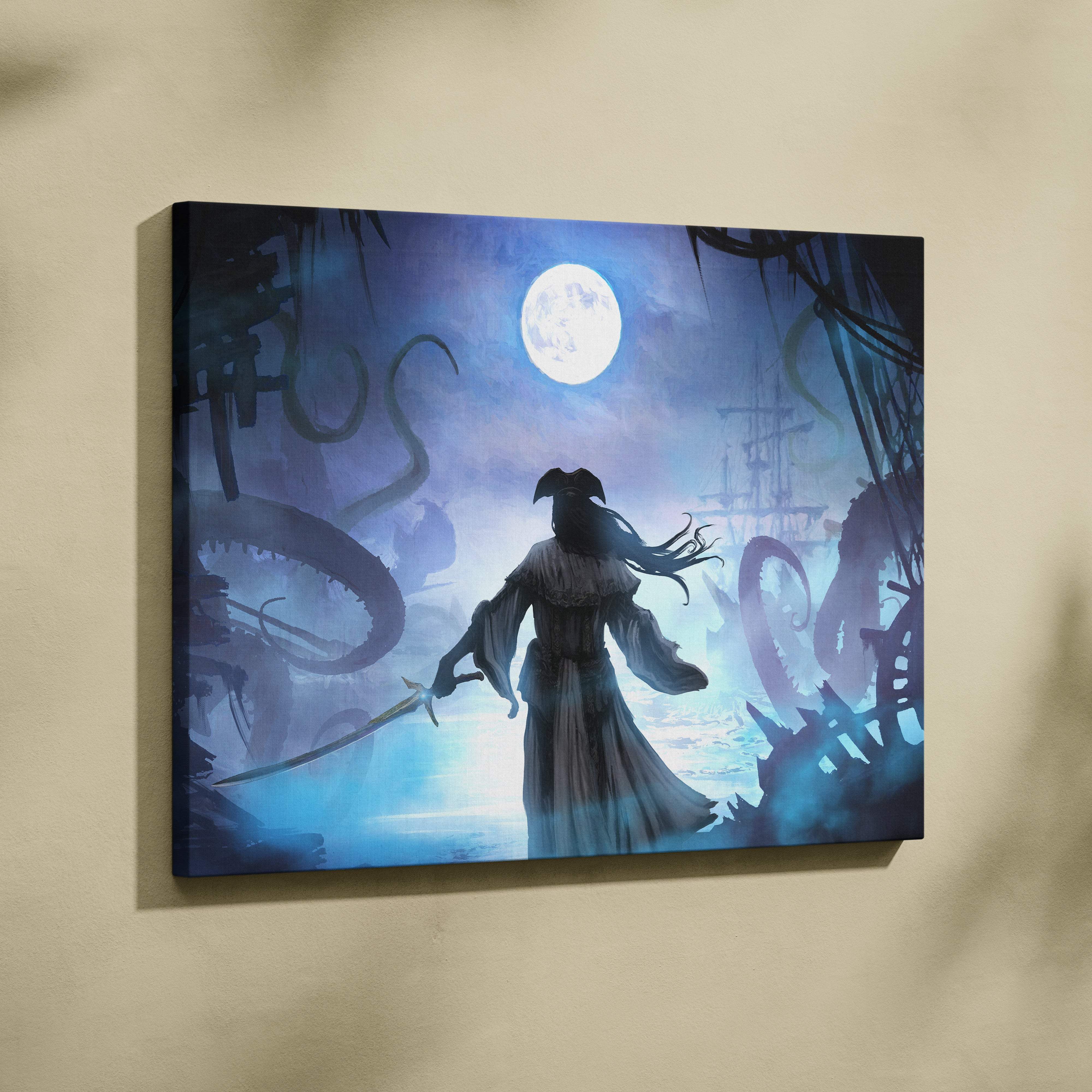 Rectangular canvas print showing a dark moonlit scene with a ghostly pirate silhouette facing eldritch tentacles