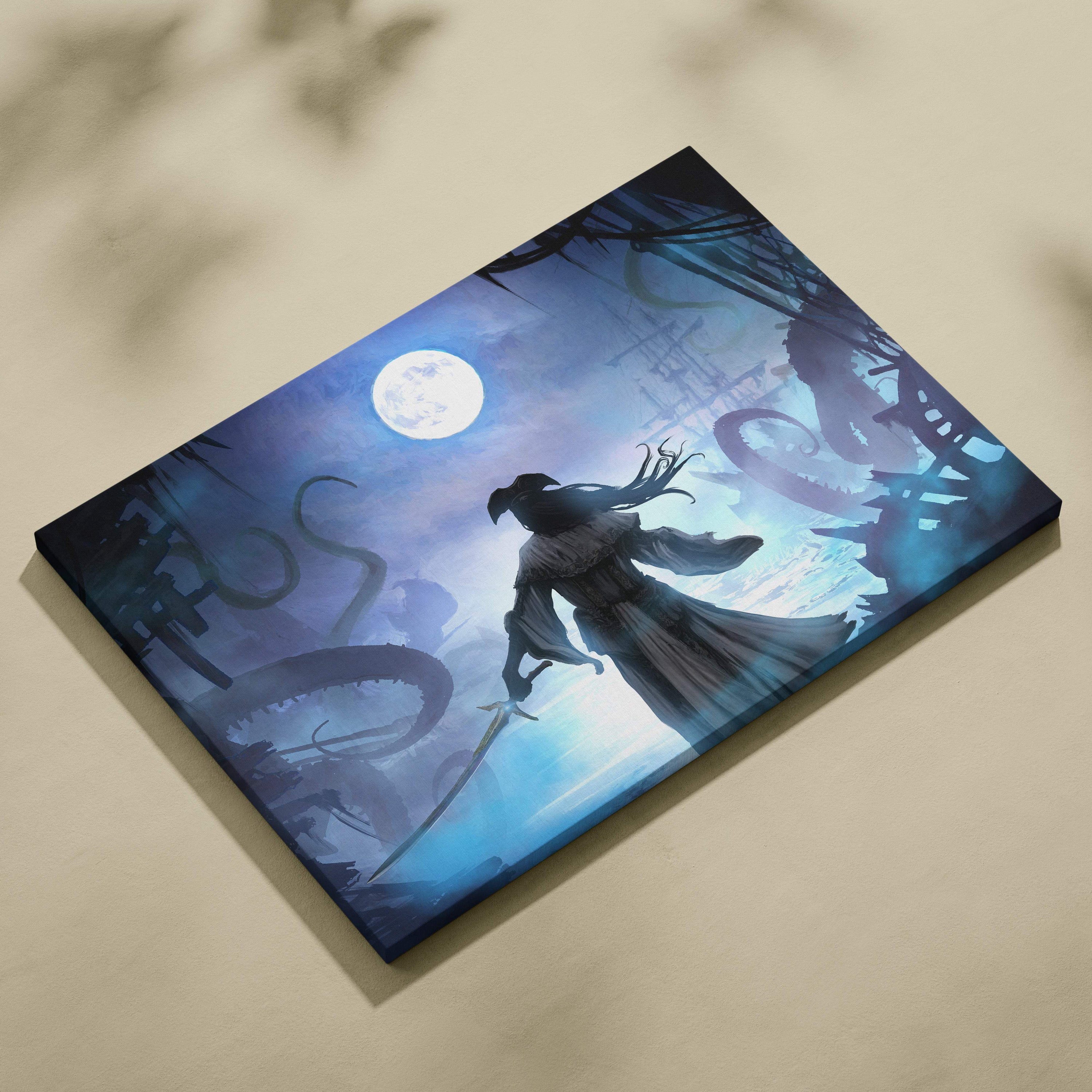 Blue-toned canvas print of a lone pirate silhouette facing eldritch tentacles in a moonlit mystical landscape