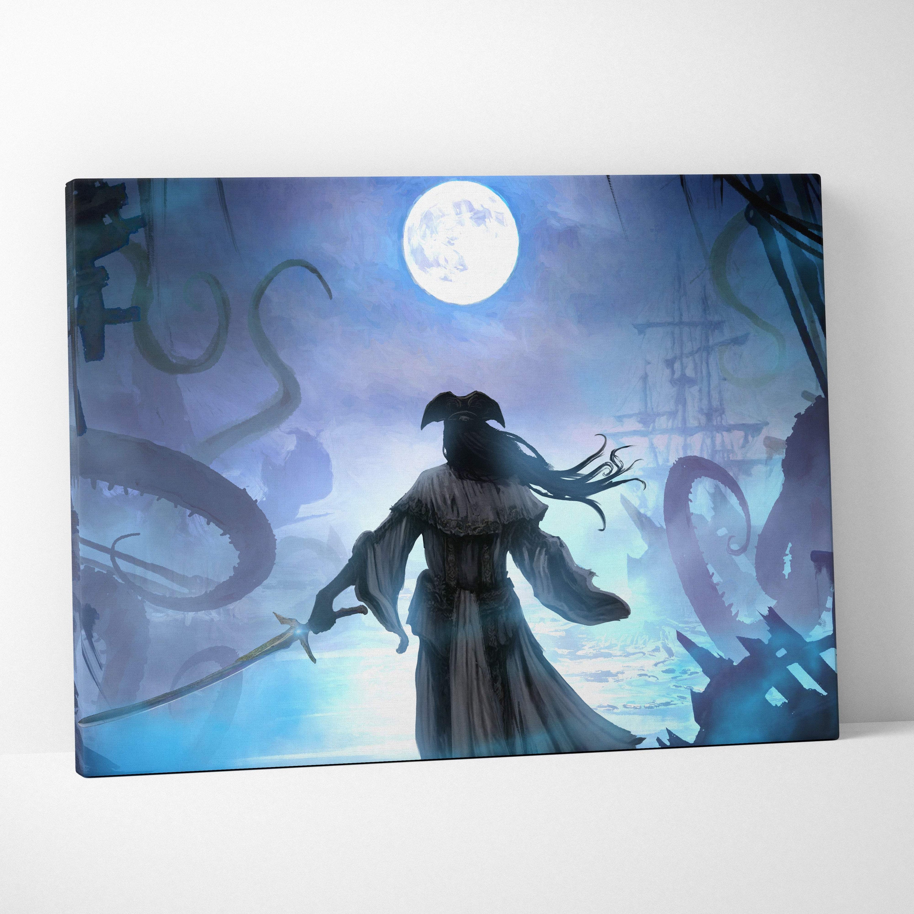 Blue and white canvas print of a ghostly pirate captain with long hair holding a sword by shipwrecks and tentacles under a full moon