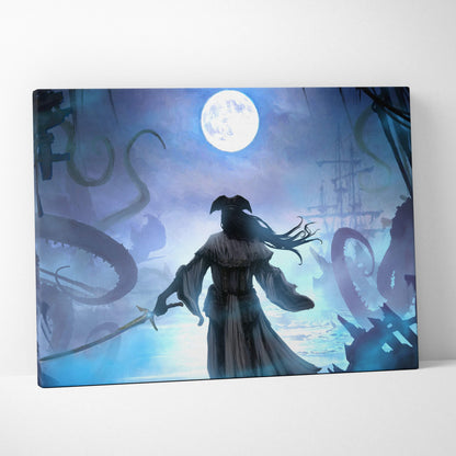Blue and white canvas print of a ghostly pirate captain with long hair holding a sword by shipwrecks and tentacles under a full moon