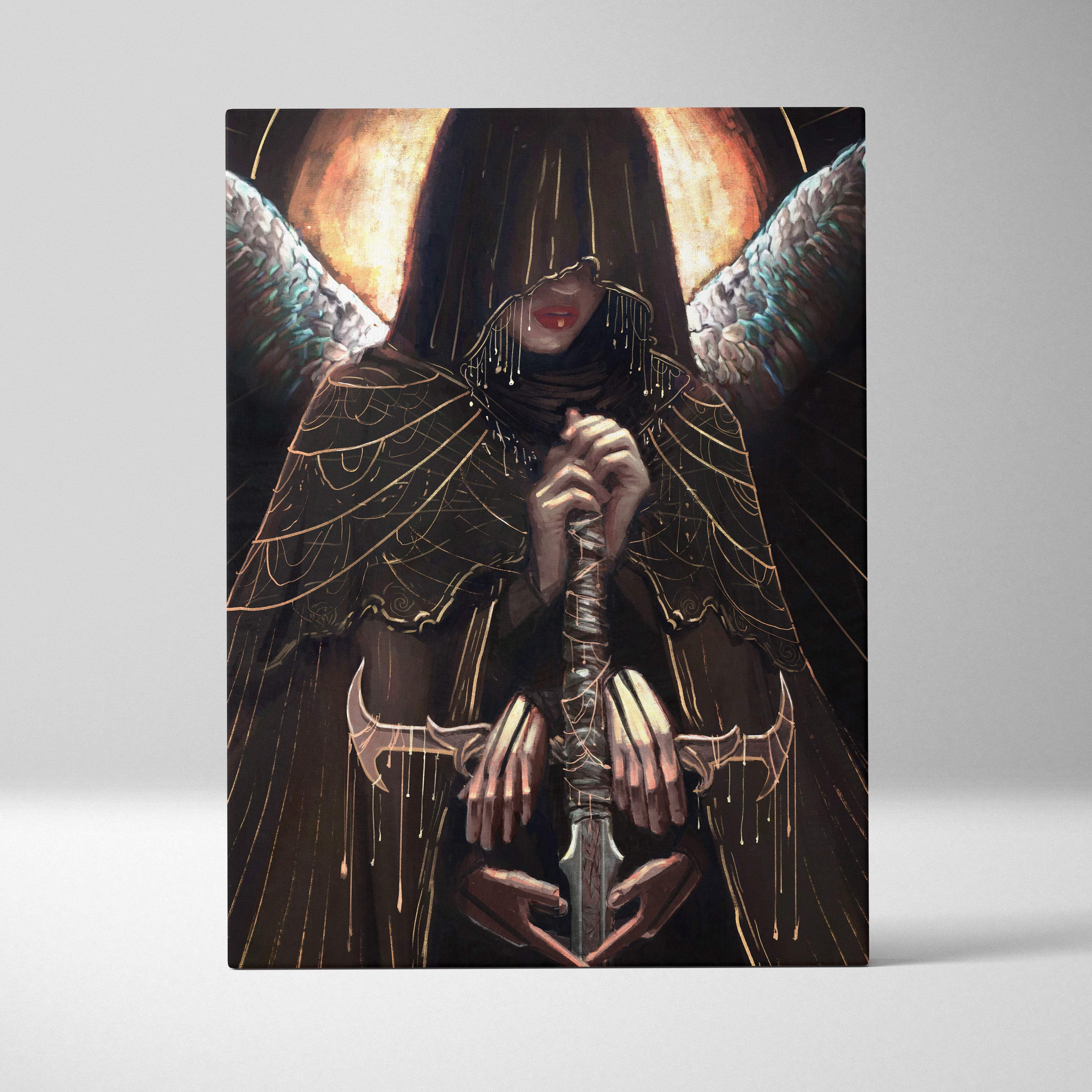 Dark angel priestess canvas wall art featuring dark-hooded angel with gold wings and ornate metallic sword in black and gold
