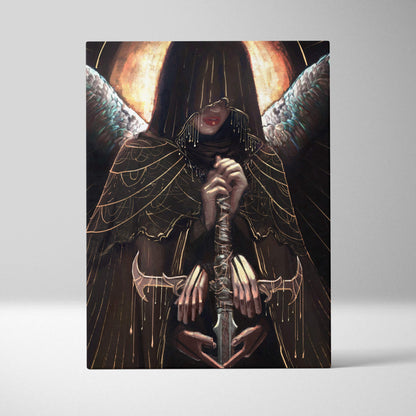 Dark angel priestess canvas wall art featuring dark-hooded angel with gold wings and ornate metallic sword in black and gold