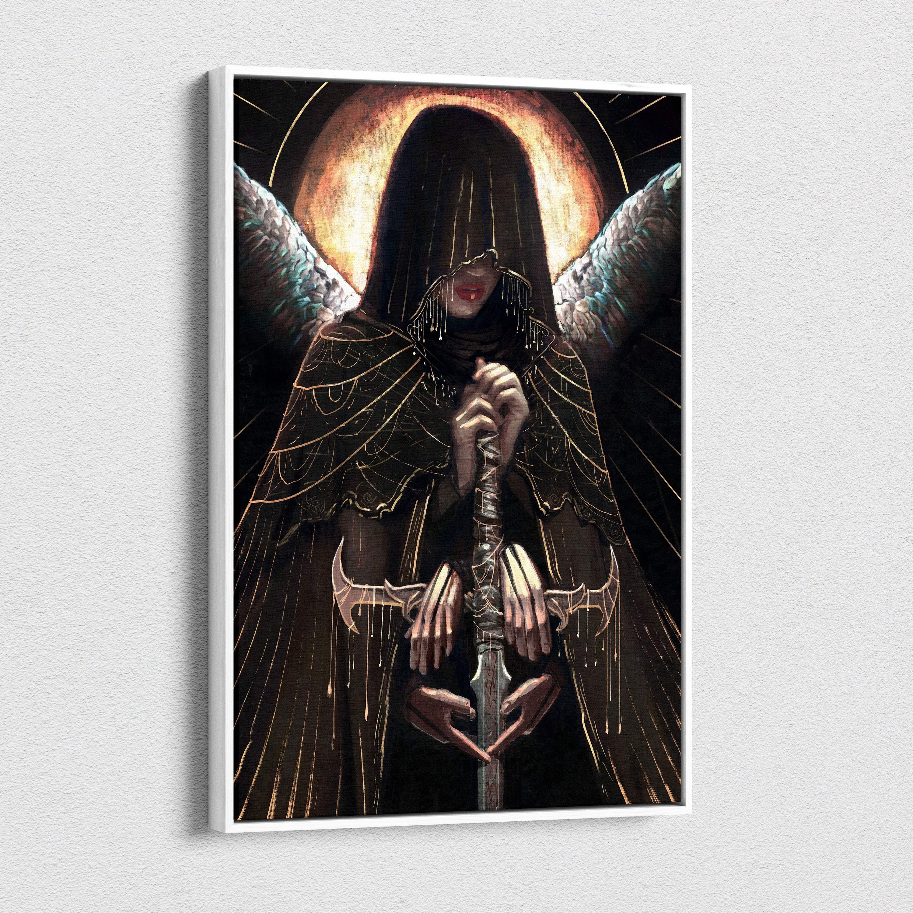 A framed dark angel priestess canvas wall art featuring a black hooded figure with gold wings and sword digital print