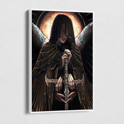 A framed dark angel priestess canvas wall art featuring a black hooded figure with gold wings and sword digital print