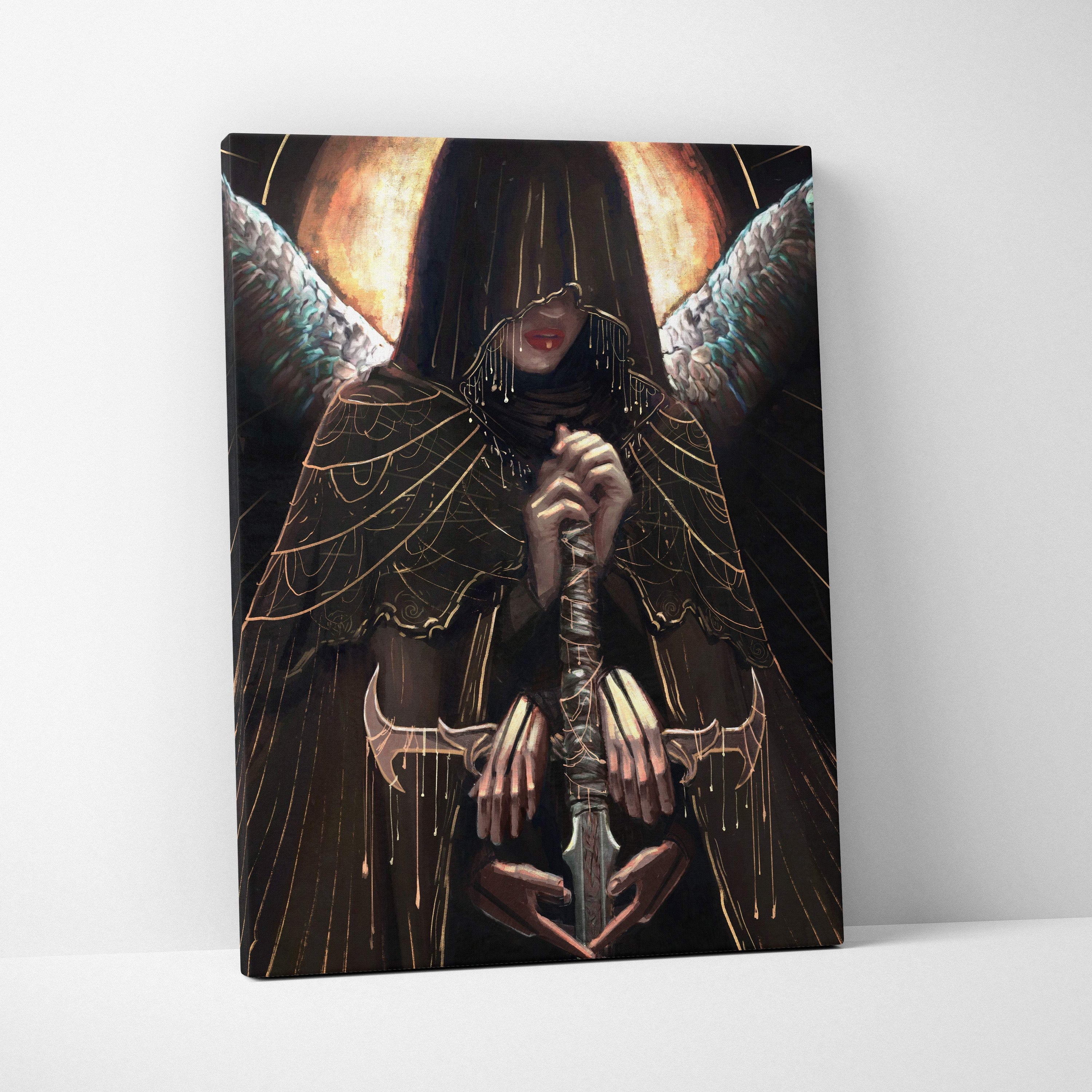 Dark angel priestess canvas wall art with hooded figure, ornate sword, intricate wings, and glowing orange celestial backdrop