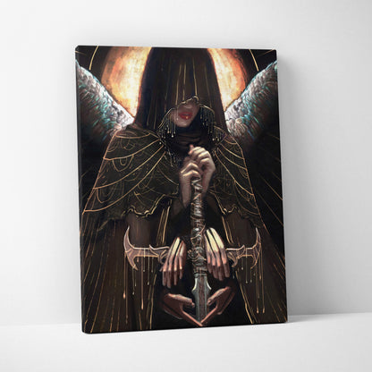 Dark angel priestess canvas wall art with hooded figure, ornate sword, intricate wings, and glowing orange celestial backdrop