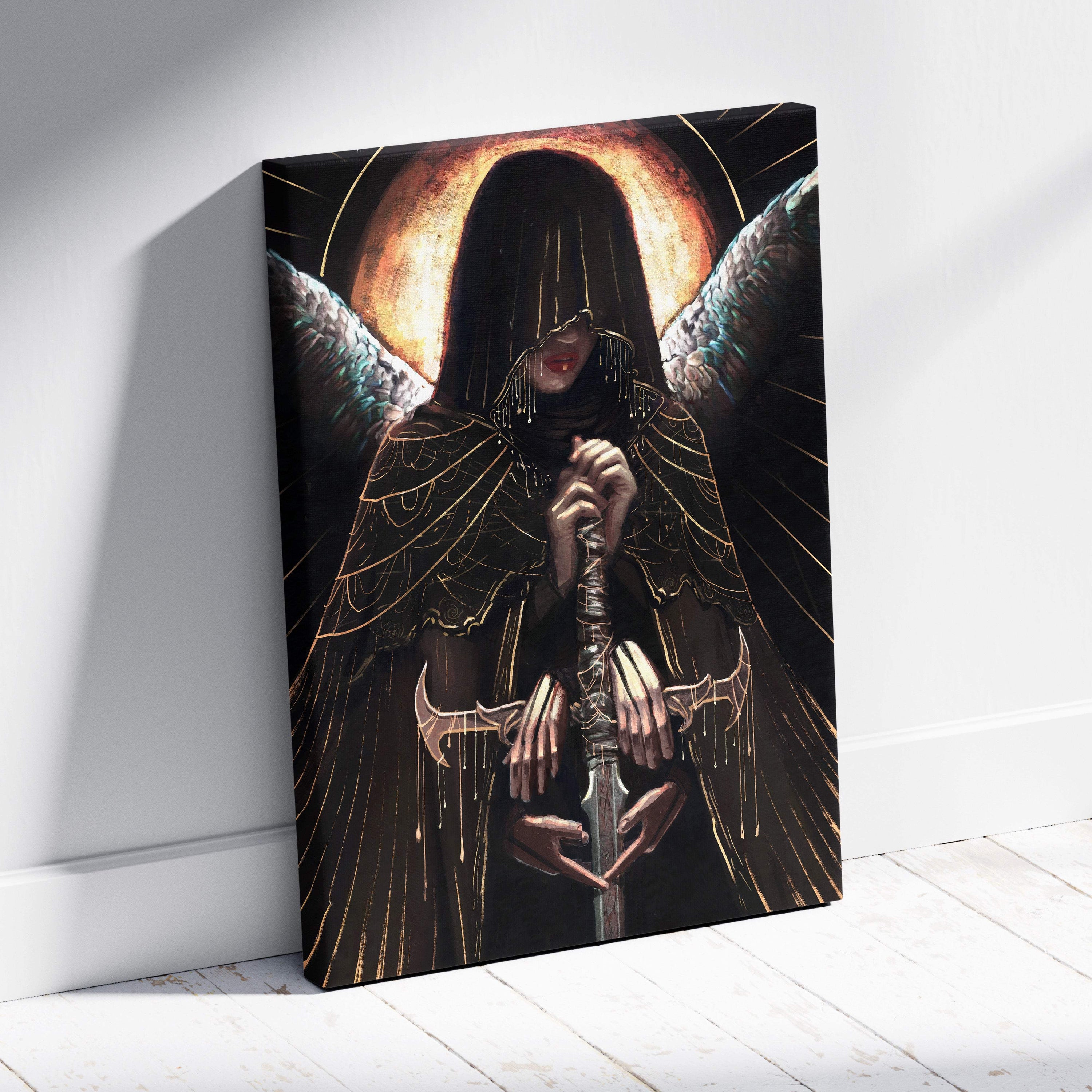 Black canvas print of a dark angel priestess with hood, golden halo, wings, and sword in gothic fantasy style
