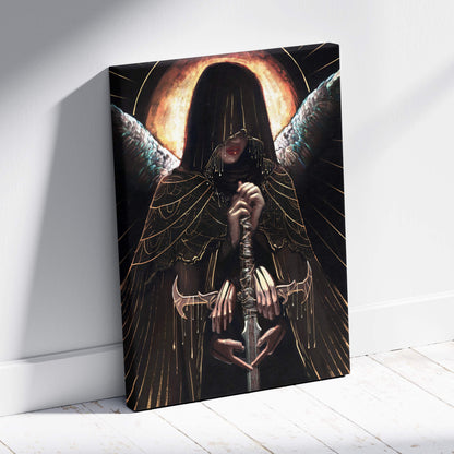 Black canvas print of a dark angel priestess with hood, golden halo, wings, and sword in gothic fantasy style