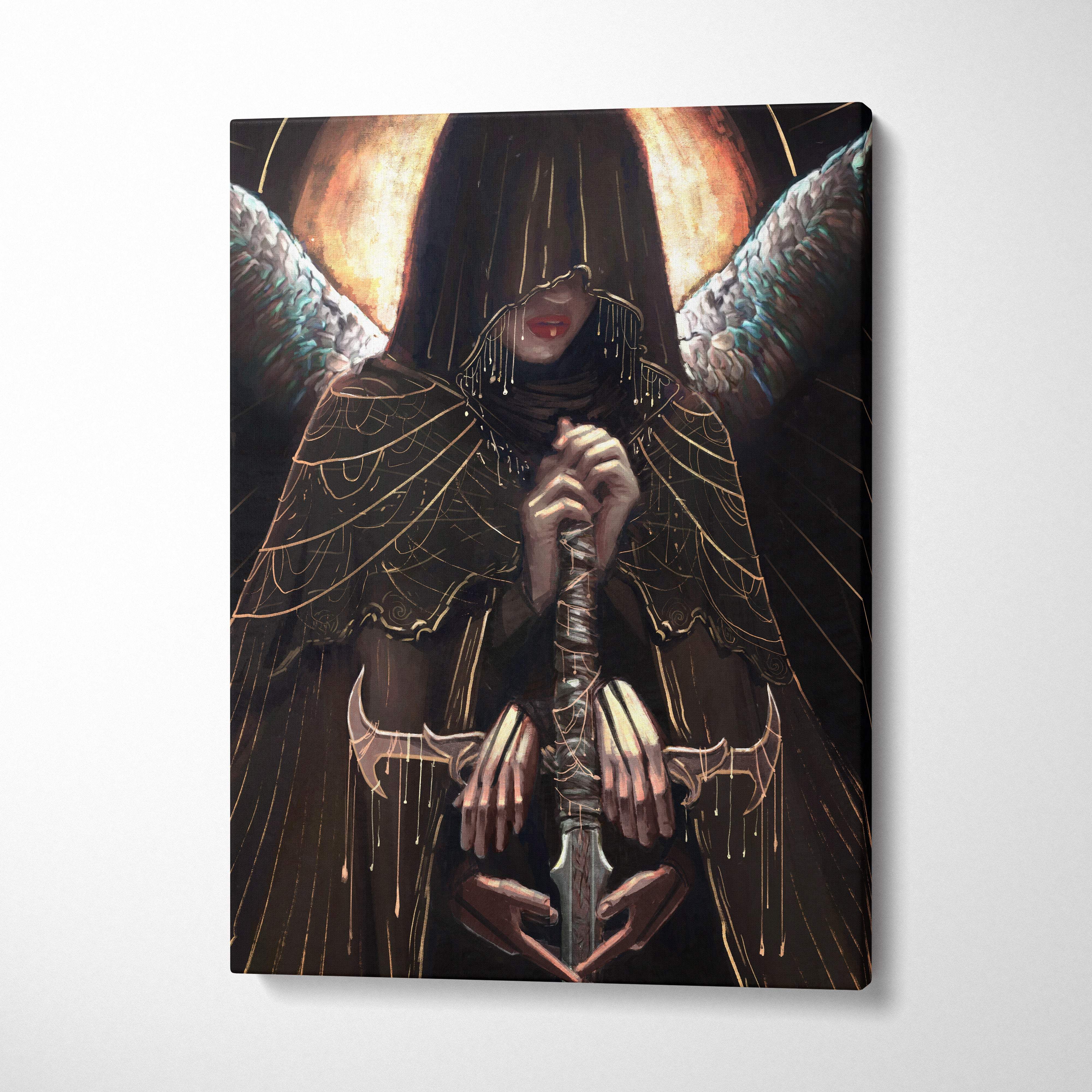 Dark angel priestess canvas wall art featuring a dark-hooded figure with feathered wings and a glowing sword in black and gold