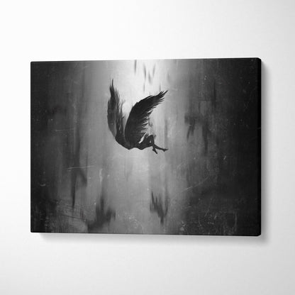 Canvas print of fallen seraph descent featuring a black winged angel with tattered wings in a dark gothic atmosphere