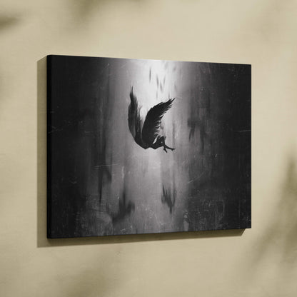 Black and white canvas print of a fallen seraph angel silhouette with tattered wings in a dark gothic textured background