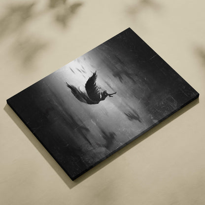 Black canvas print of a dramatic monochromatic bird silhouette in flight against a textured cloudy sky with gothic ambiance