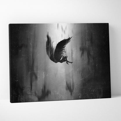 Black and white canvas print of a fallen seraph silhouette with tattered wings in a dark gothic atmosphere