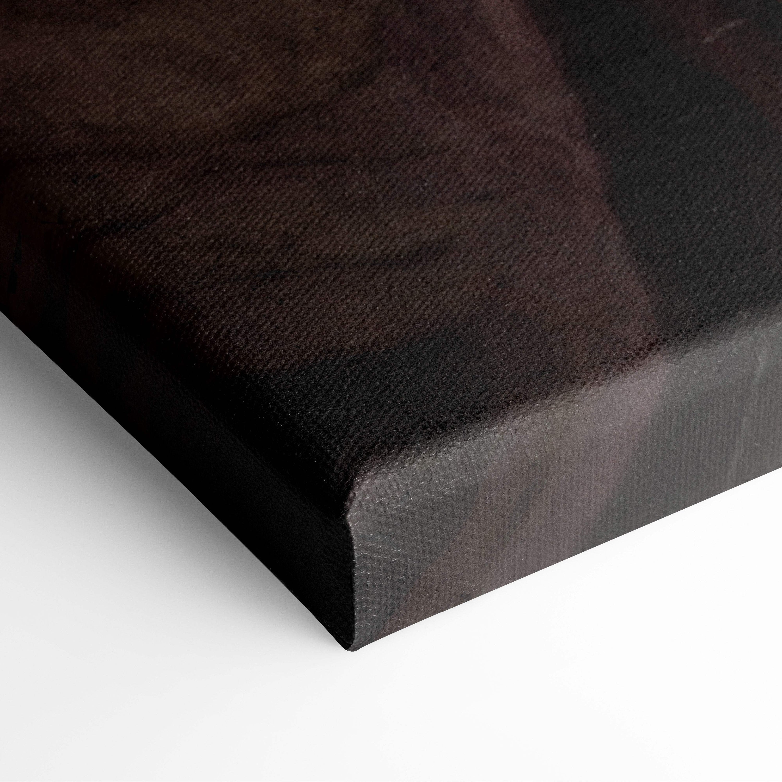 Black canvas print of weeping stone angel with textured surface and subtle brown gradient in gothic sanctuary light