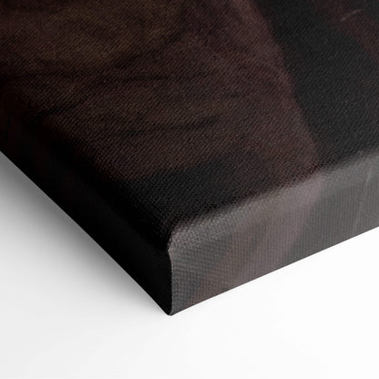 Black canvas print of weeping stone angel with textured surface and subtle brown gradient in gothic sanctuary light