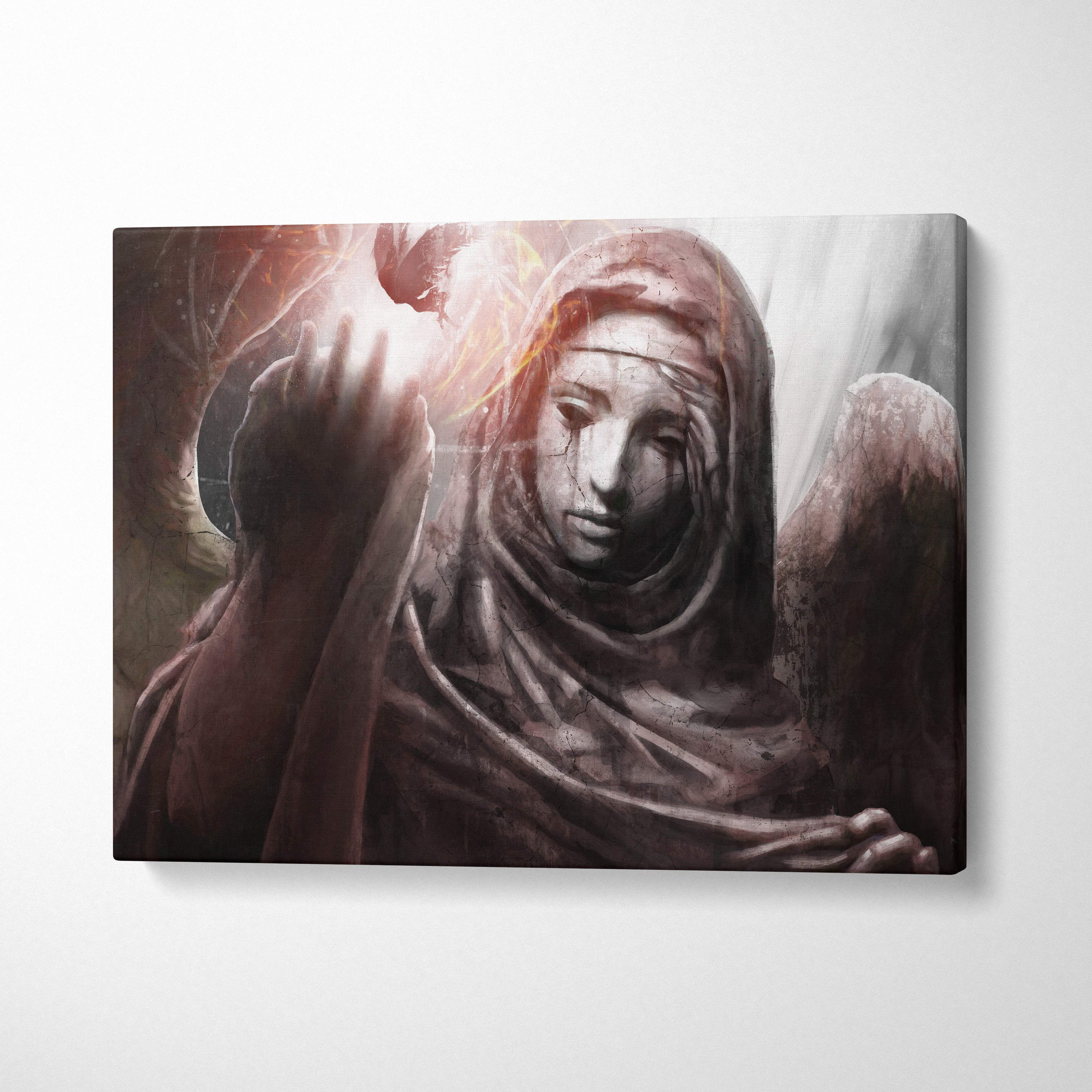 A canvas print of a cracked marble weeping stone angel in muted grays and browns with weathered wings