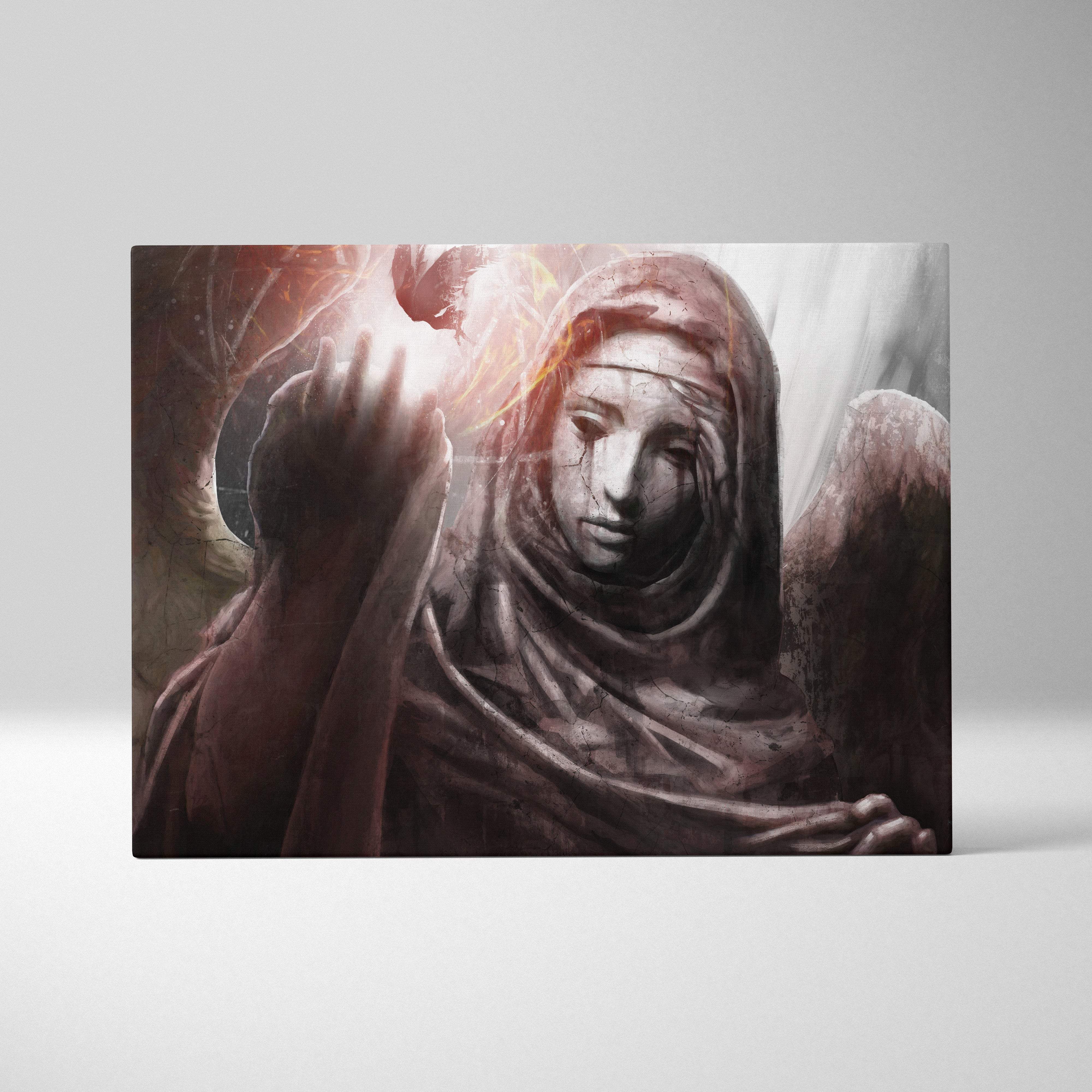 Weeping stone angel sculpture in cracked marble with weathered wings cradling a flame in a monochromatic palette