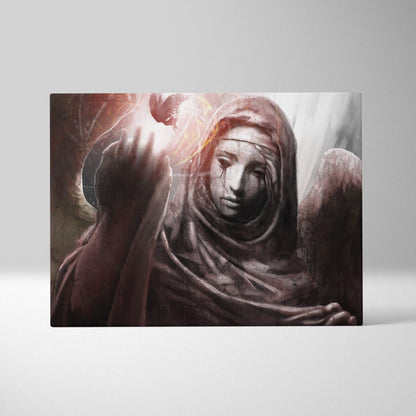 Weeping stone angel sculpture in cracked marble with weathered wings cradling a flame in a monochromatic palette