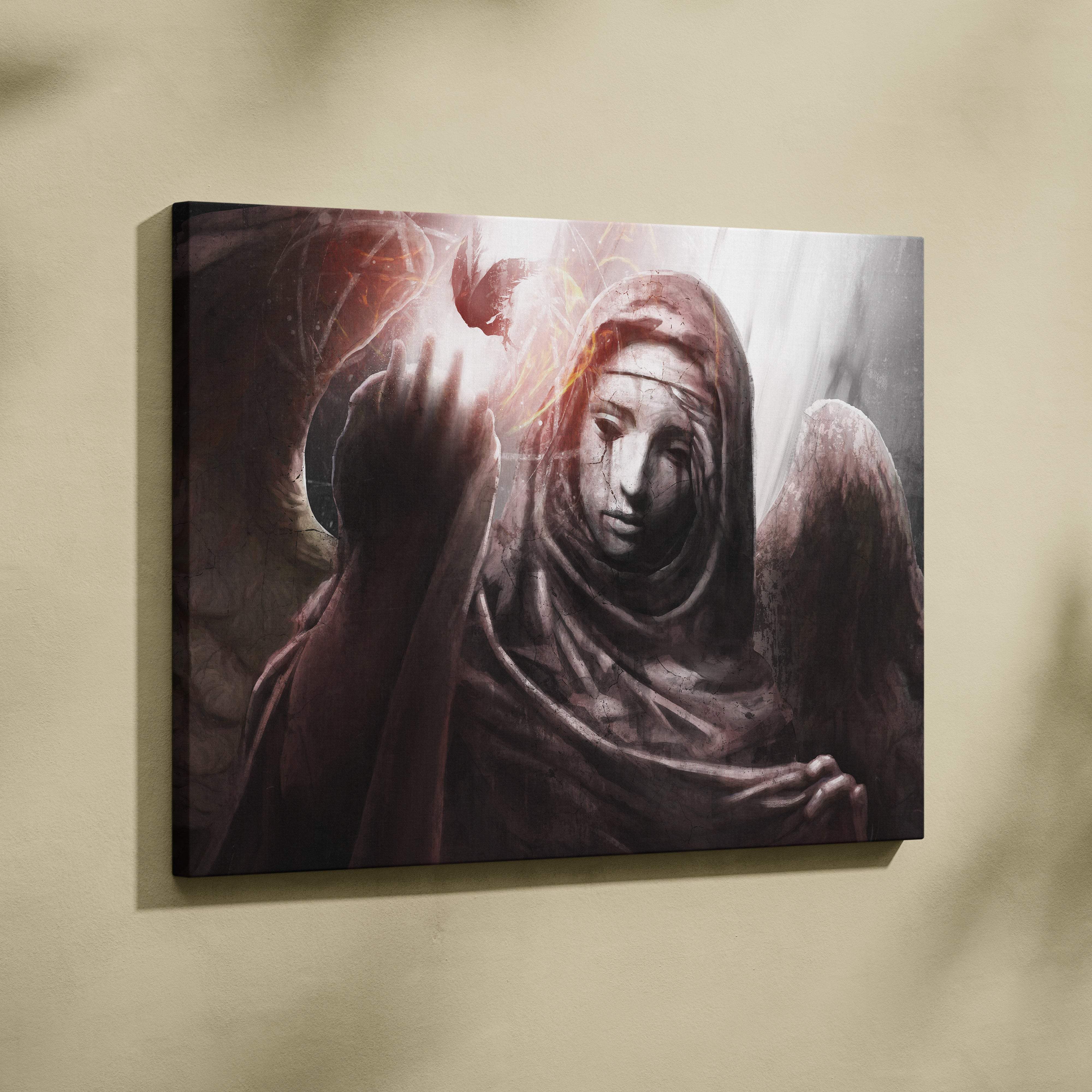 Dark-toned canvas print of a cracked marble seraph angel with weathered wings cradling flame in moody grayscale and red highlights