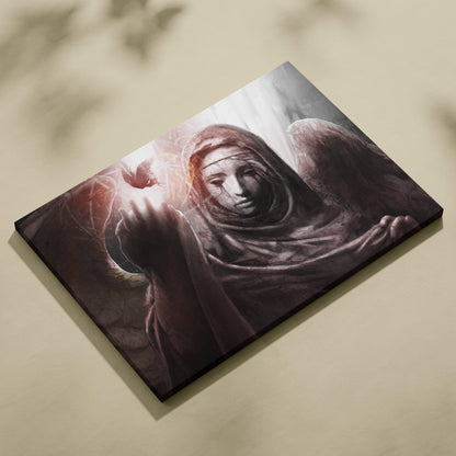A rectangular canvas print of a weeping stone angel with cracked marble wings holding a glowing orb in a gothic light