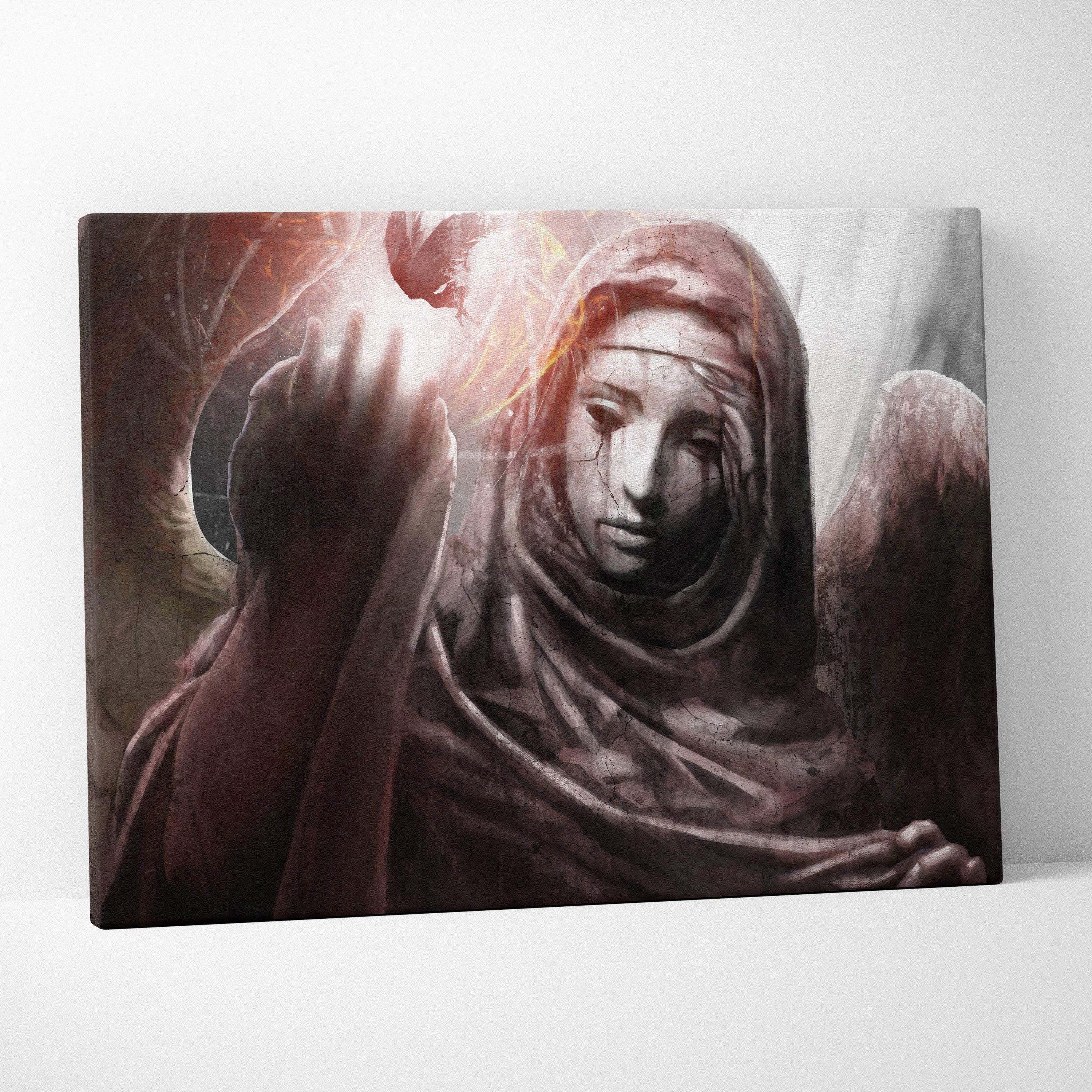 A monochromatic canvas print of a cracked marble weeping stone angel with weathered wings and a flicker of flame